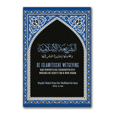 Boek over islamitische wetgeving met decoratieve blauwe en witte rand en Arabisch en Nederlands tekst